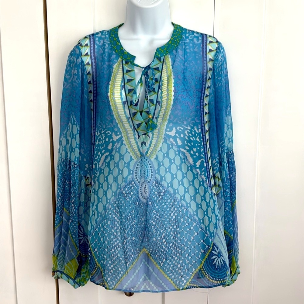 HALE BOB 100% Silk Aqua Blue Sheer Blouse Medium